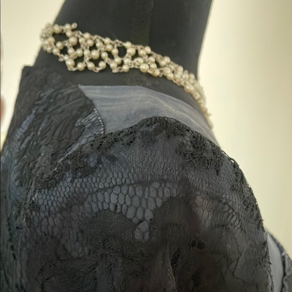 Elegant Lace Midi Dress Sweetheart Neckline Long Sleeve Sheer Satin Navy Blue M - Picture 9 of 16